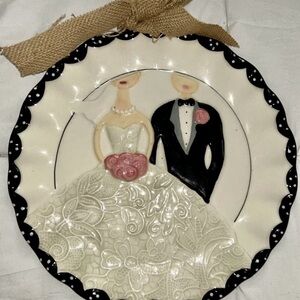 Wedding Couple Decorative Plate with Burlap Bow - White, Black, Pink Mud Pie